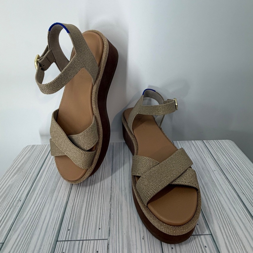 Rothys CrissCross Platform Ankle Strap Sandals Desert Sun Gold Shimmer Wm 9 NWOT